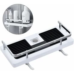 Bathroom Shower Rack,2-in-1 Liftable Shower Rack No Drilling Adhesive Storage Shelf Organizer Holder Punch-free Multi-function Storage Rack For Bathroom And Kitchen ( White)