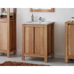 Bathroom Vanity Unit 600mm Freestanding 60cm Cabinet + Basin Oak Effect Storage Classic