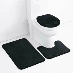 Set Of 3 Non-Slip Mats For Memory Foam Absorbent Bathroom Mats, Toilet Lid Cover, U-Shaped Protective Mat, Black -Comfort Bathroom Store 97693355 2