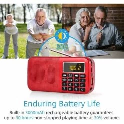 Portable Radio, FM Radio With Large Capacity Rechargeable Battery (3000mAh), MP3 / SD / USB / AUX Support,Red -Comfort Bathroom Store 97815195 5