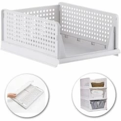 Stackable Clothes Storage Basket Organizer Sliding Wardrobe Drawer Shelf DIY Divider Separator Desk Container For Wardrobe Closet Kitchen Bathroom Office (White)