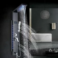 LED Shower Panel Column Tower With Waterfall,Rainfall Shower Head,Body Jets,Handheld Shower And Bath Spout 5 In 1 Multiple Function Shower System For Bathroom Black