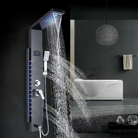 LED Shower Panel Column Tower With Waterfall,Rainfall Shower Head,Body Jets,Handheld Shower And Bath Spout 5 In 1 Multiple Function Shower System For Bathroom Black 3 LED Shower Panel Column Tower With Waterfall,Rainfall Shower Head,Body Jets,Handheld Shower And Bath Spout 5 In 1 Multiple Function Shower System For Bathroom Black