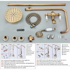 Antique Brass Shower System With 3 Functions Tap Rainfall Head, Handheld Shower, Tub Spout And Shelf, Solid Brass Retro Shower Mixer Taps For Bathroom -Comfort Bathroom Store 99338398 5